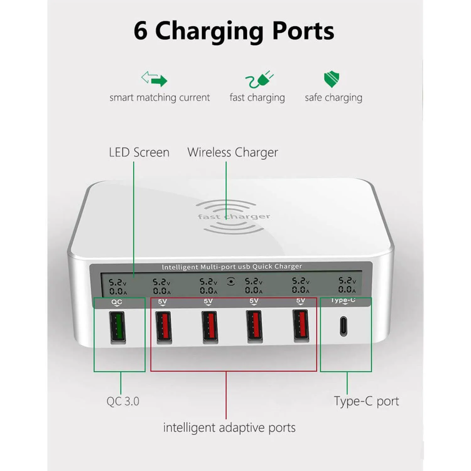 Wireless Charging Station - 5 USB Ports, 1 USB-C Port