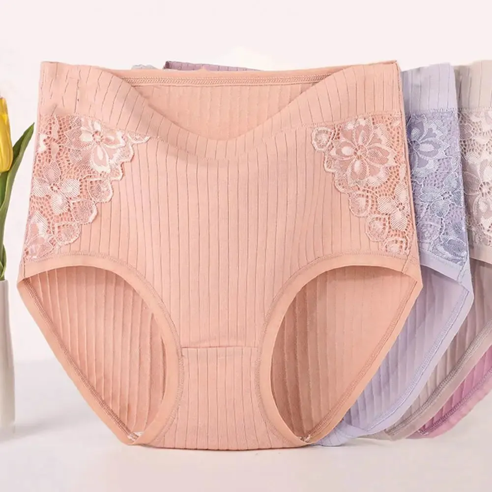 Women Underpants Lace Patchwork High Waist Solid Color Protective Soft Cotton Menstrual Period Women Briefs for Daily Wear